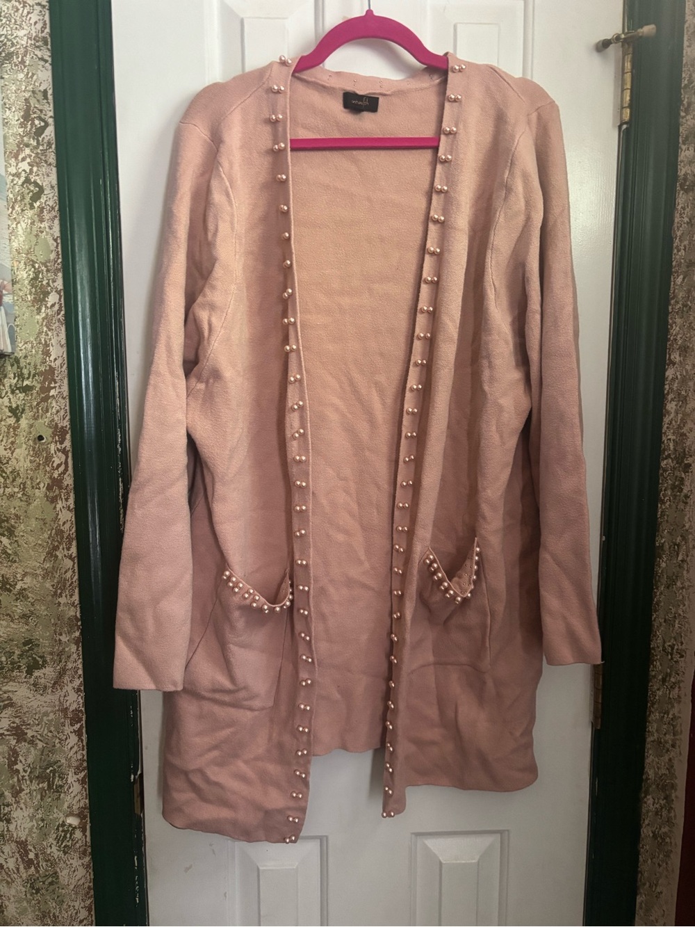 Pearl-Trim Long Open Front Cardigan in Blush